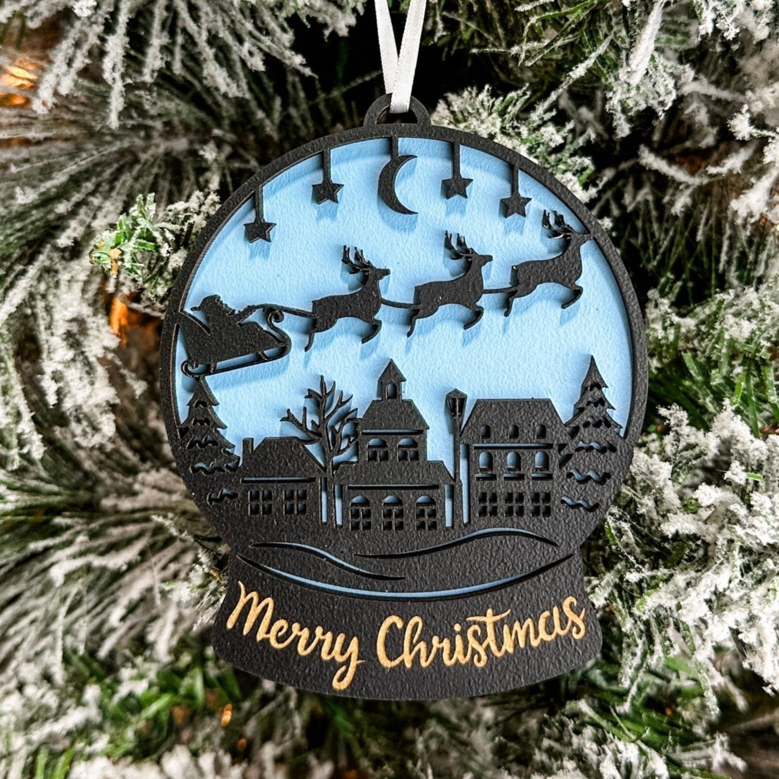 Merry Christmas Snow Globe • 3D Wood Ornament • For Christmas