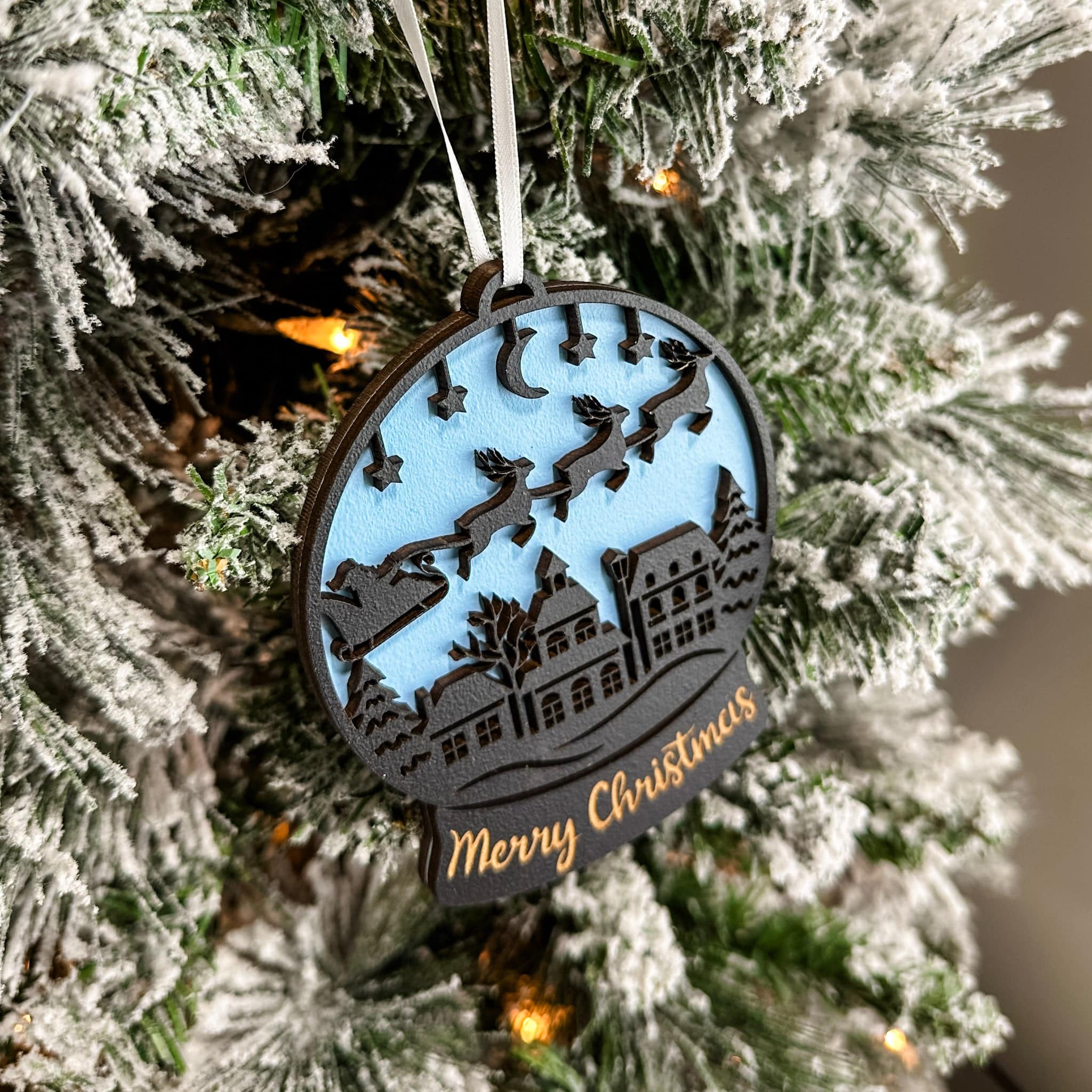 Merry Christmas Snow Globe • 3D Wood Ornament • For Christmas