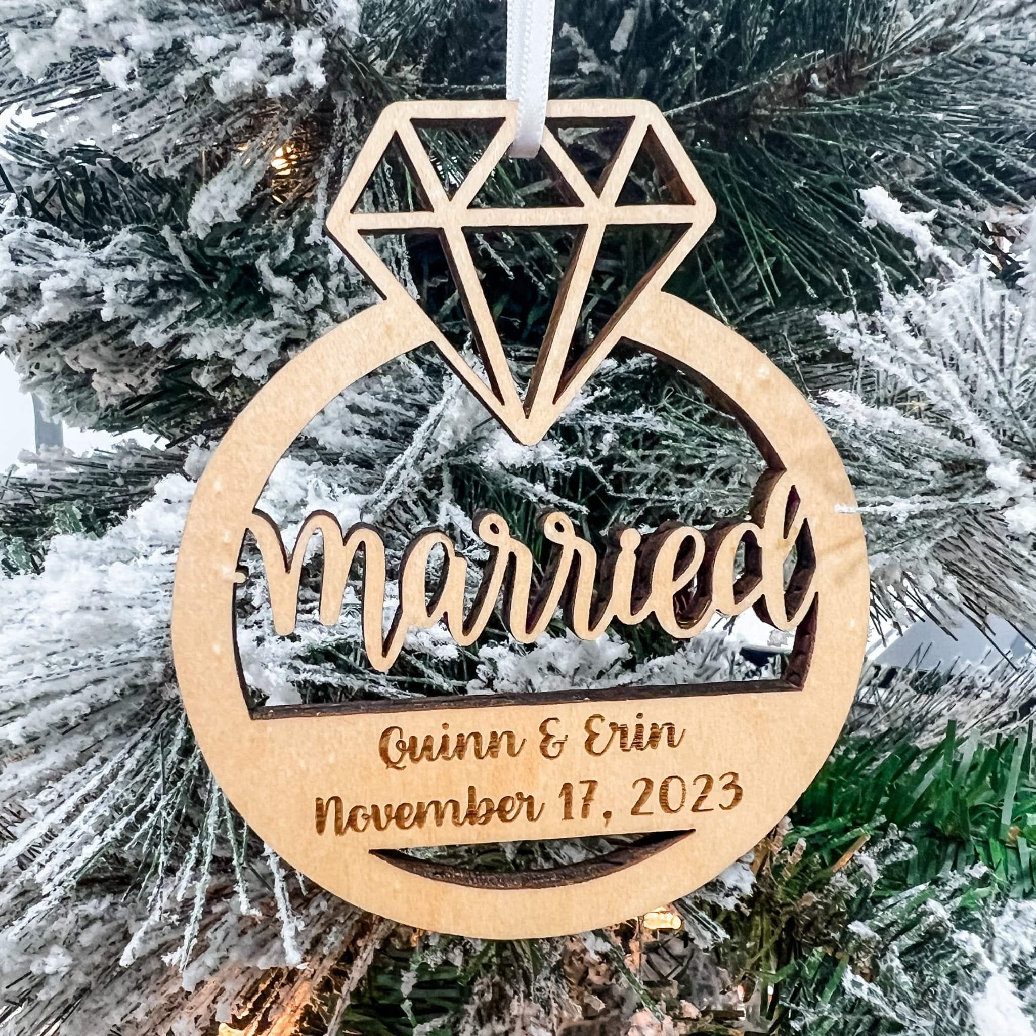 Engaged / Married Ring Personalized Wood Ornament - Sticks & Doodles