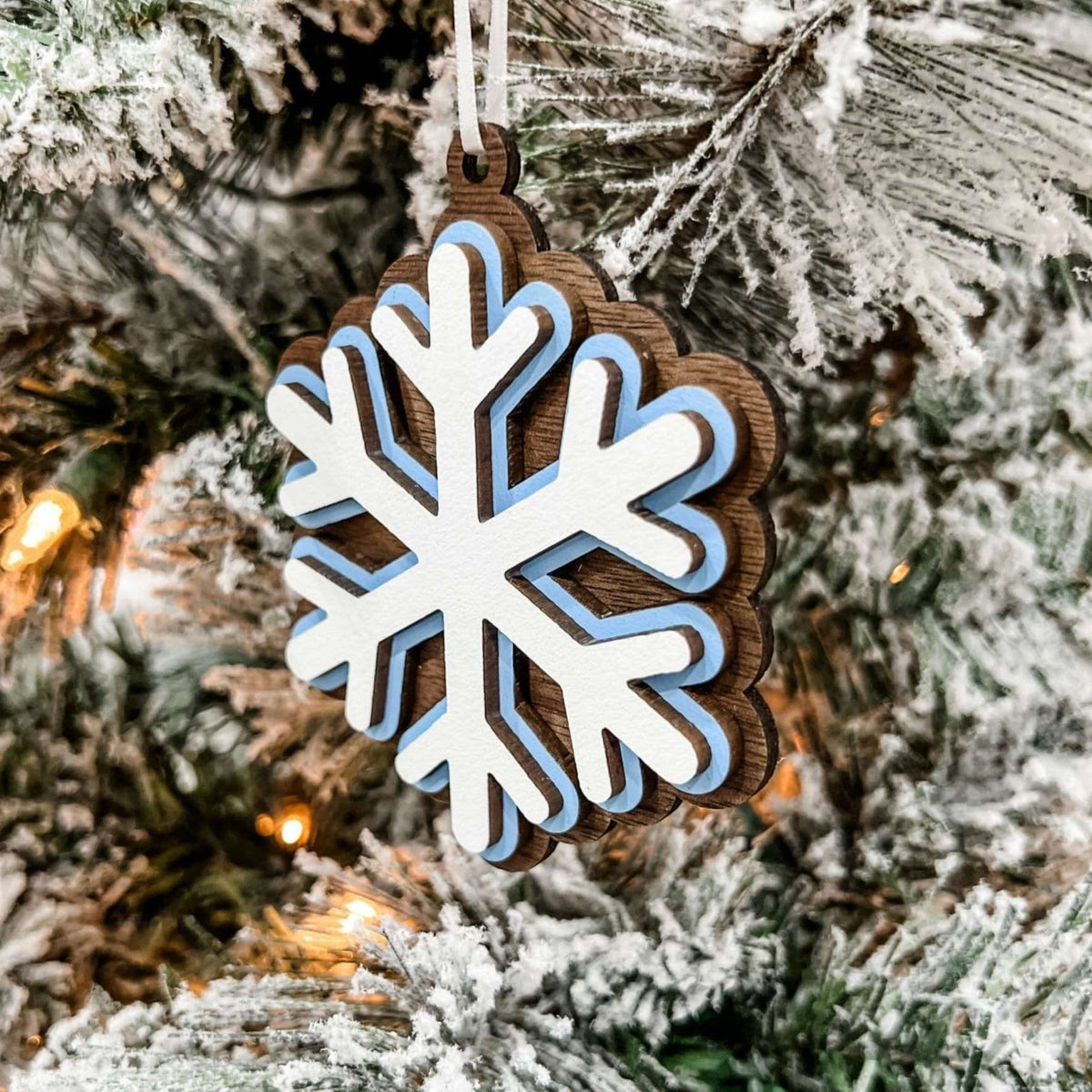 Blue & Walnut Snowflake Ornament