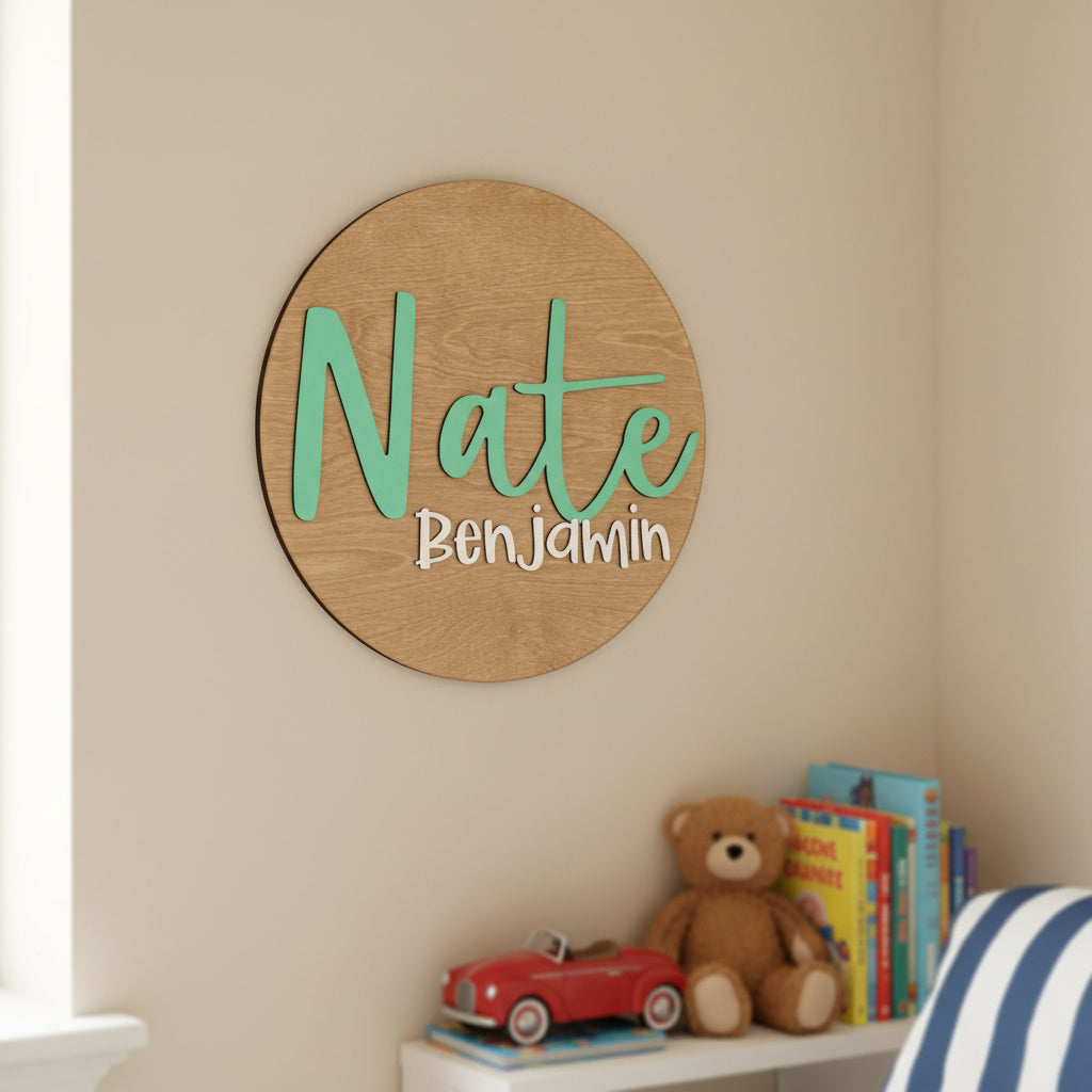 Round Wood Nursery Name Sign for Kids’ Rooms