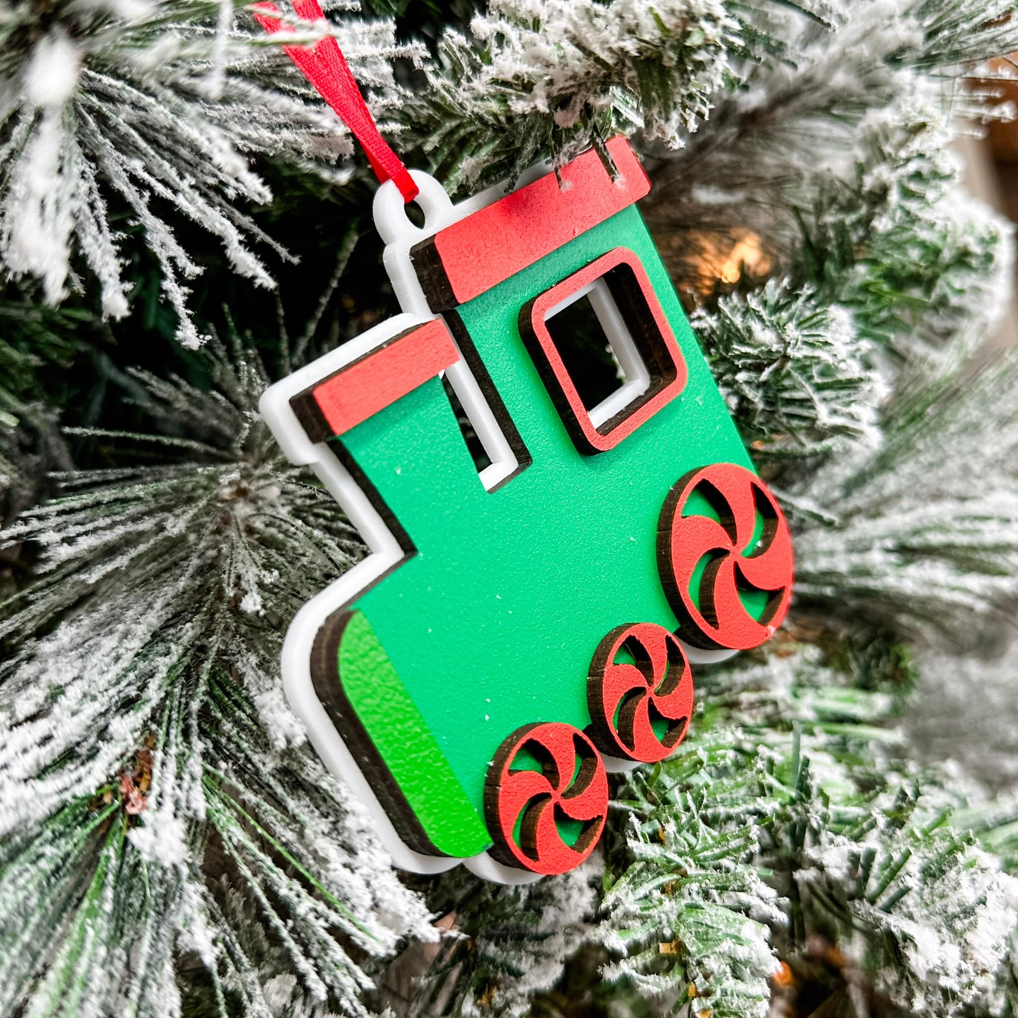 The Peppermint Train • 3D Wood & Acrylic Ornament