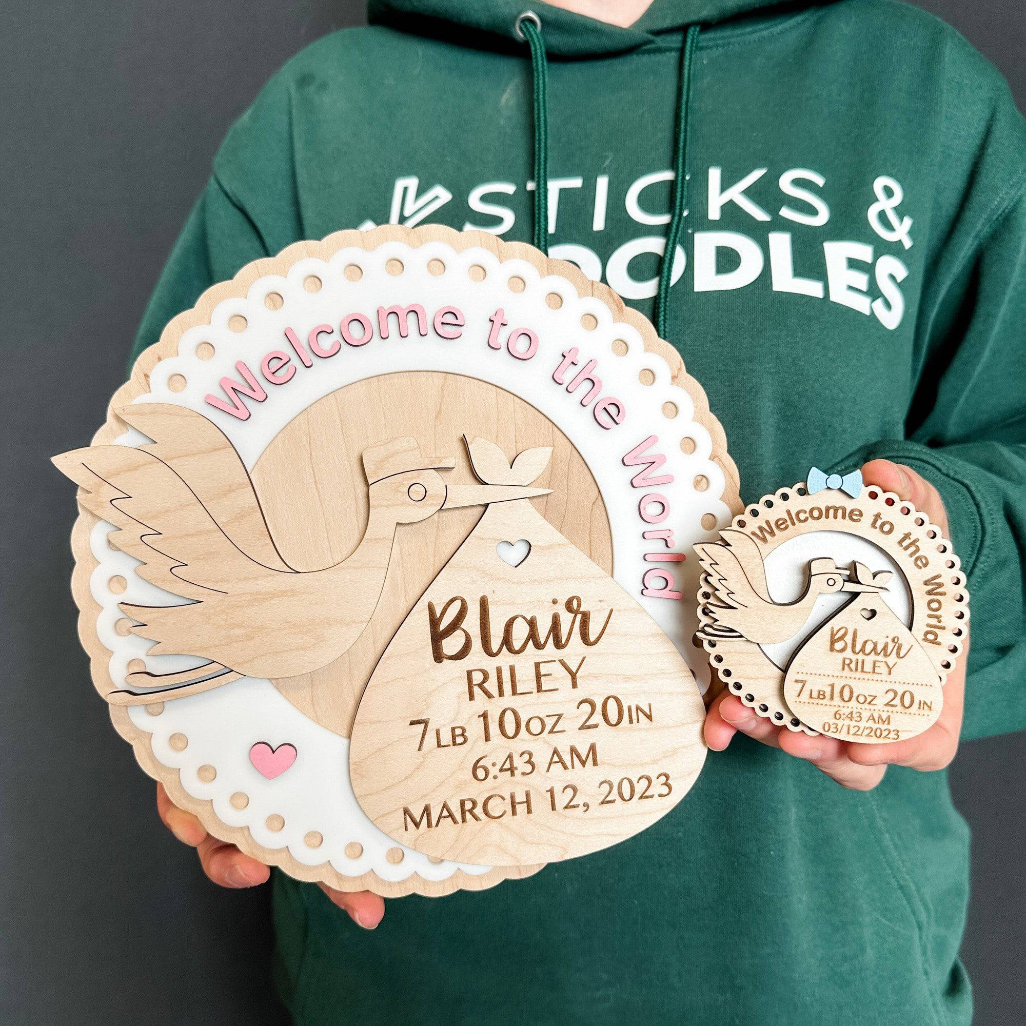 The Stork Birth Stats | 3D Wood Ornament, Magnet or Mini Sign