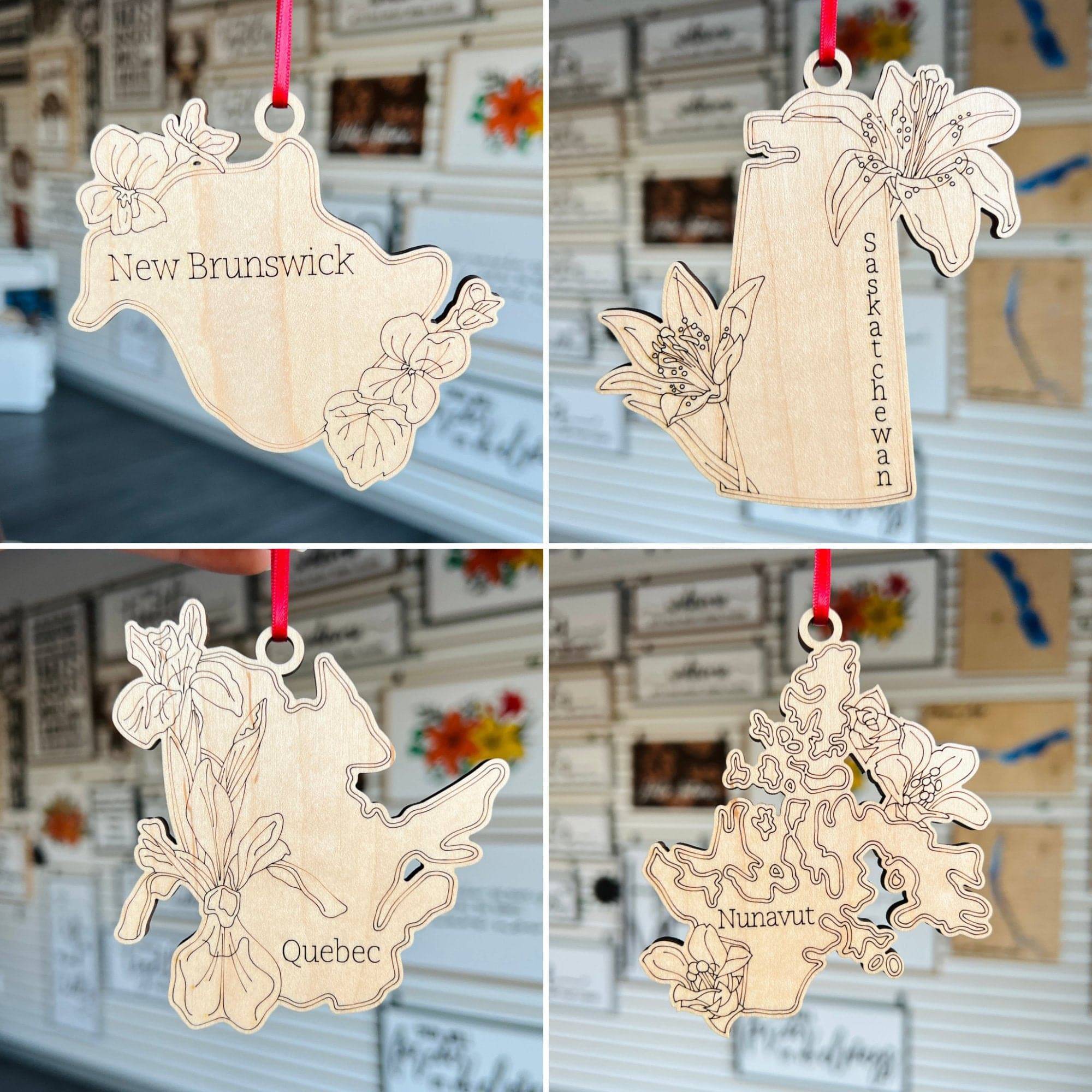 Canadian Provinces Engraved Flower Wood Ornaments **Choose from 13!** - Sticks & Doodles