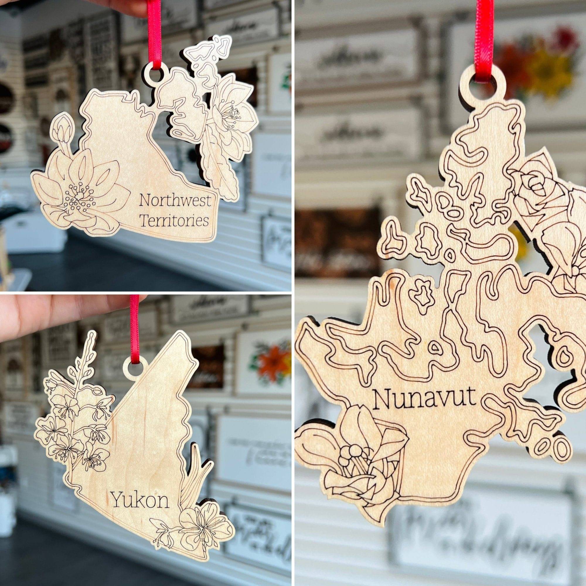 Canadian Provinces Engraved Flower Wood Ornaments **Choose from 13!** - Sticks & Doodles