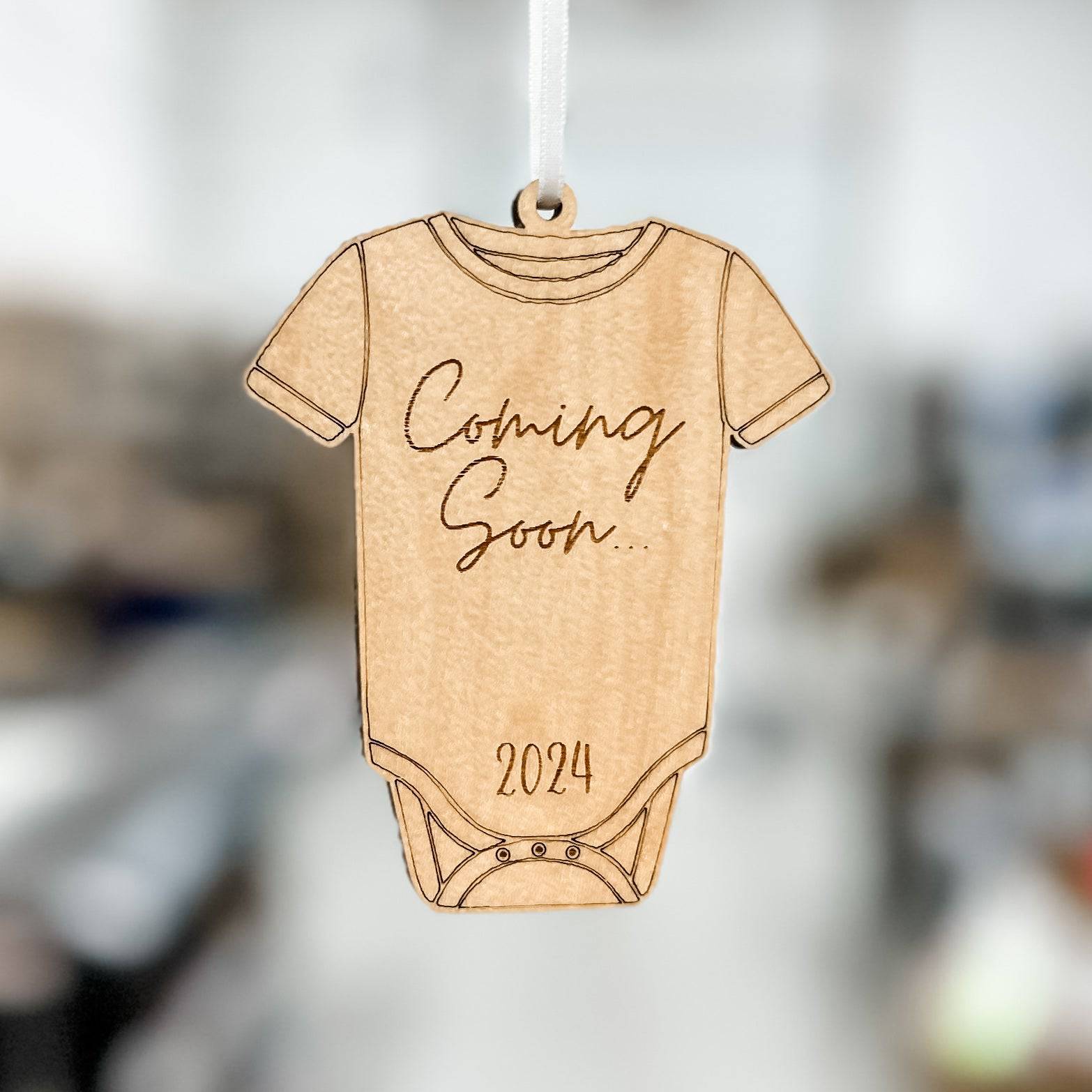 Coming Soon Birth Announcement Engraved Wood Ornament - Sticks & Doodles
