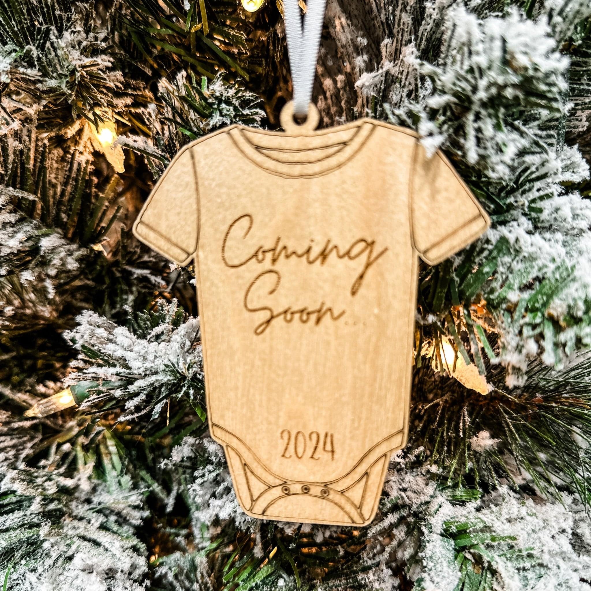 Coming Soon Birth Announcement Engraved Wood Ornament - Sticks & Doodles