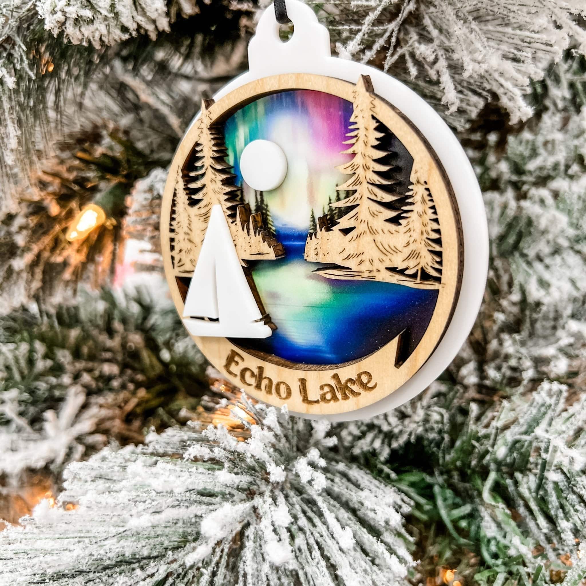 Custom Lake Watercolour 3D Wood & Acrylic Ornament - Sticks & Doodles