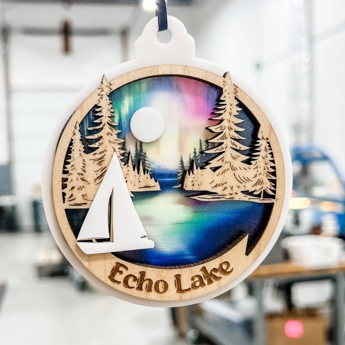 Custom Lake Watercolour 3D Wood & Acrylic Ornament - Sticks & Doodles