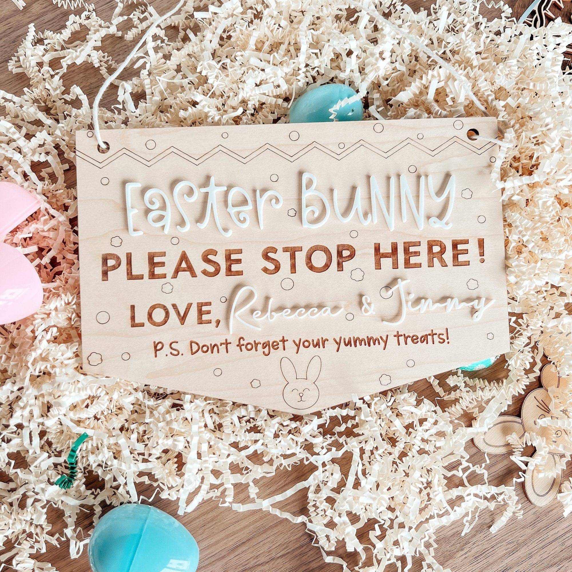 Easter Bunny Please Stop Here Personalized Wood Sign - Sticks & Doodles