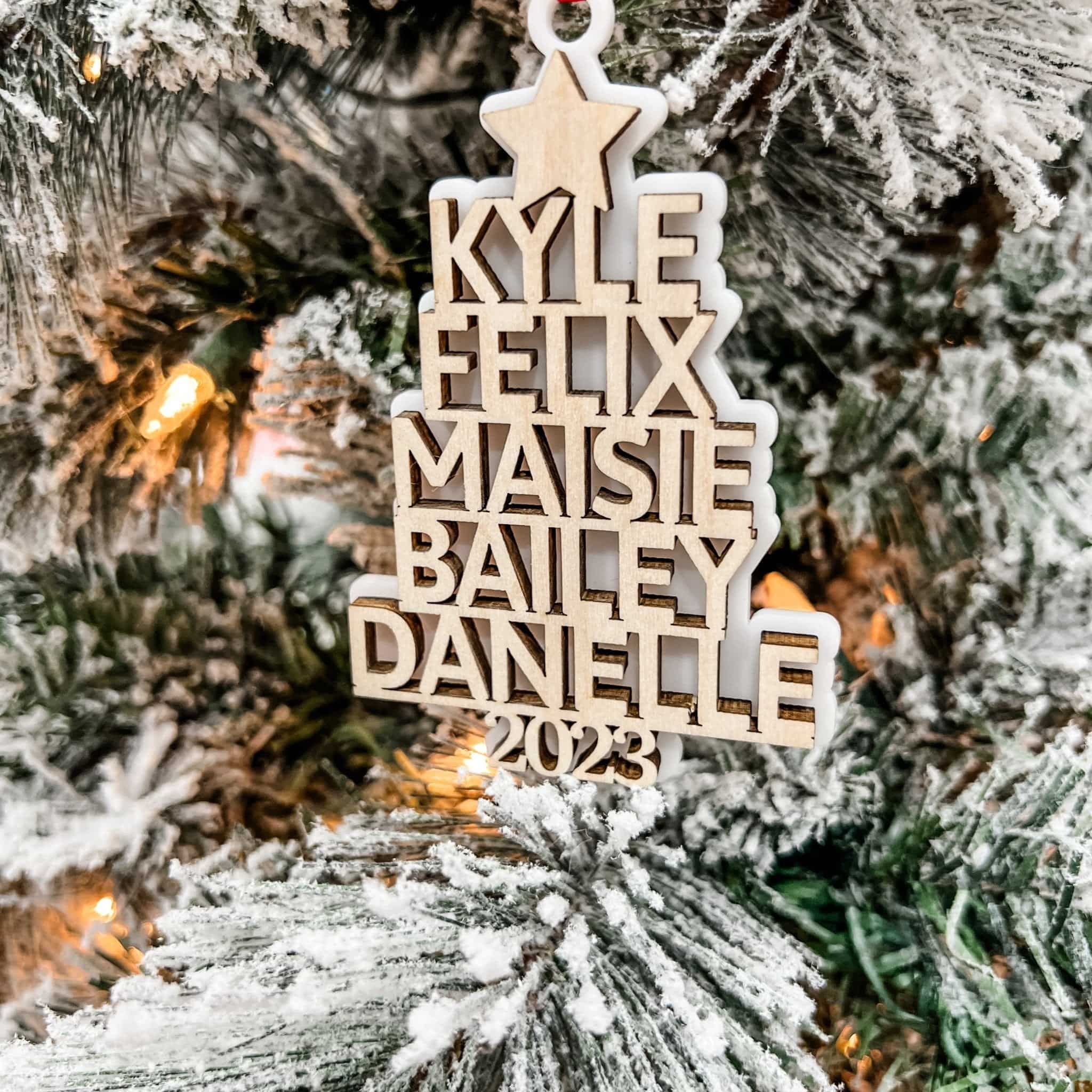 Family Names Tree 3D Personalized Wood Ornament - Sticks & Doodles
