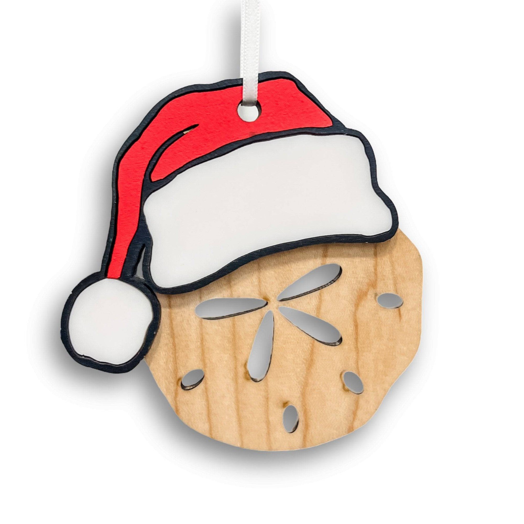 Festive Sand Dollar with Santa Hat 3D Wood & Acrylic Ornament - Sticks & Doodles