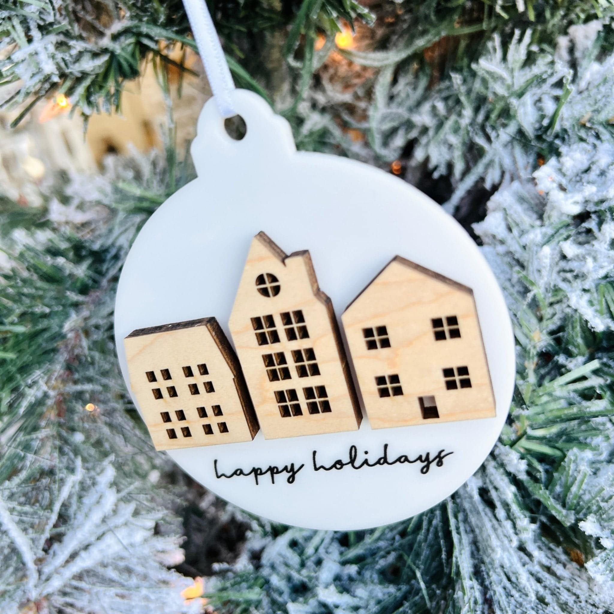 Happy Holidays Town Acrylic & Wood Ornament - Sticks & Doodles