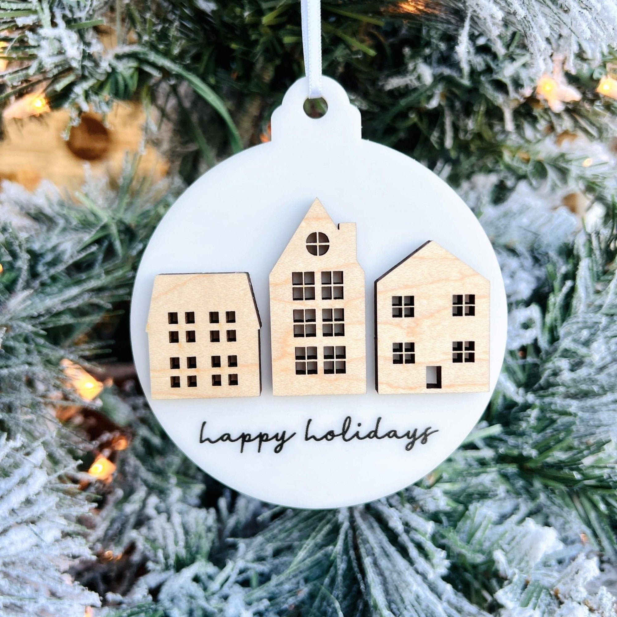 Happy Holidays Town Acrylic & Wood Ornament - Sticks & Doodles