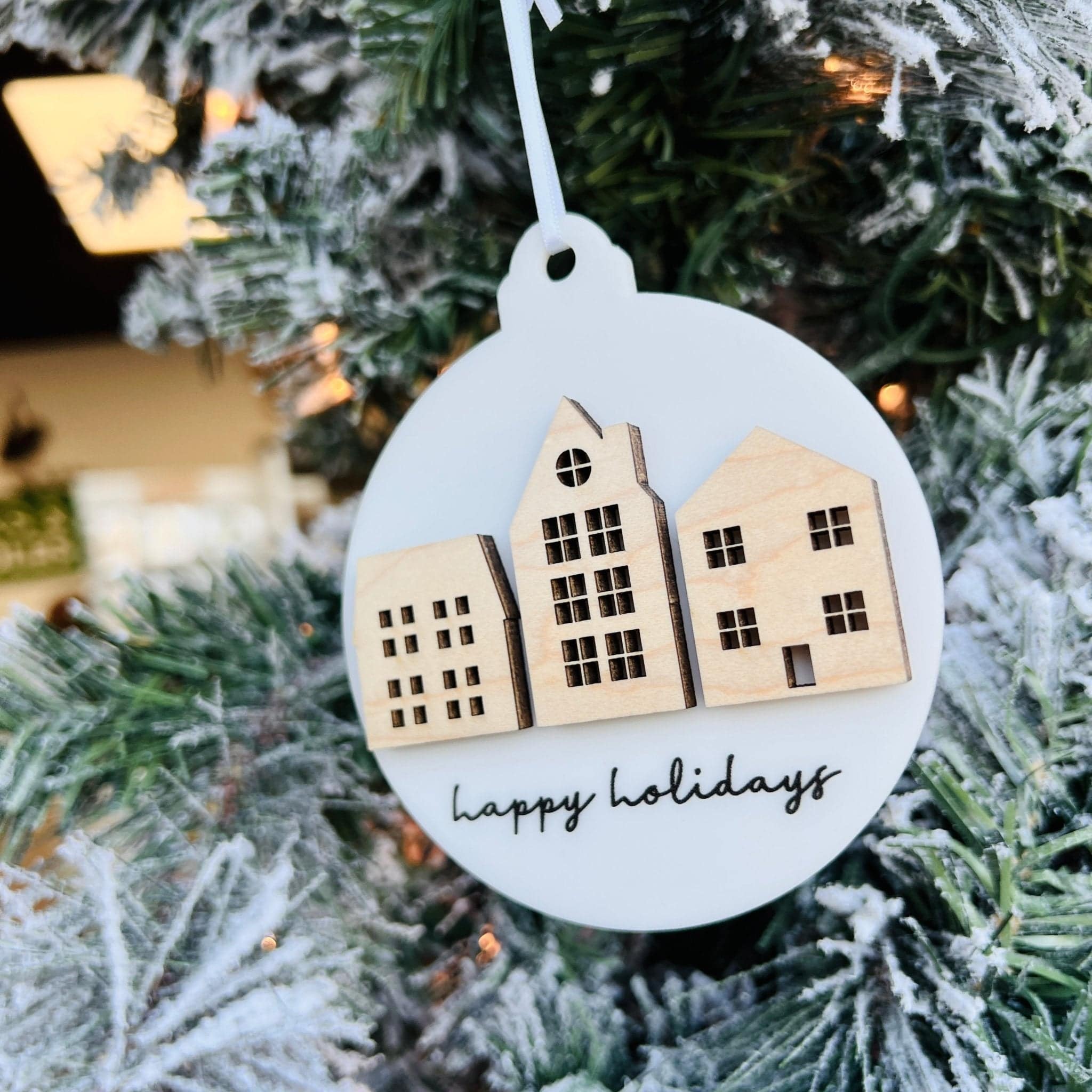 Happy Holidays Town Acrylic & Wood Ornament - Sticks & Doodles