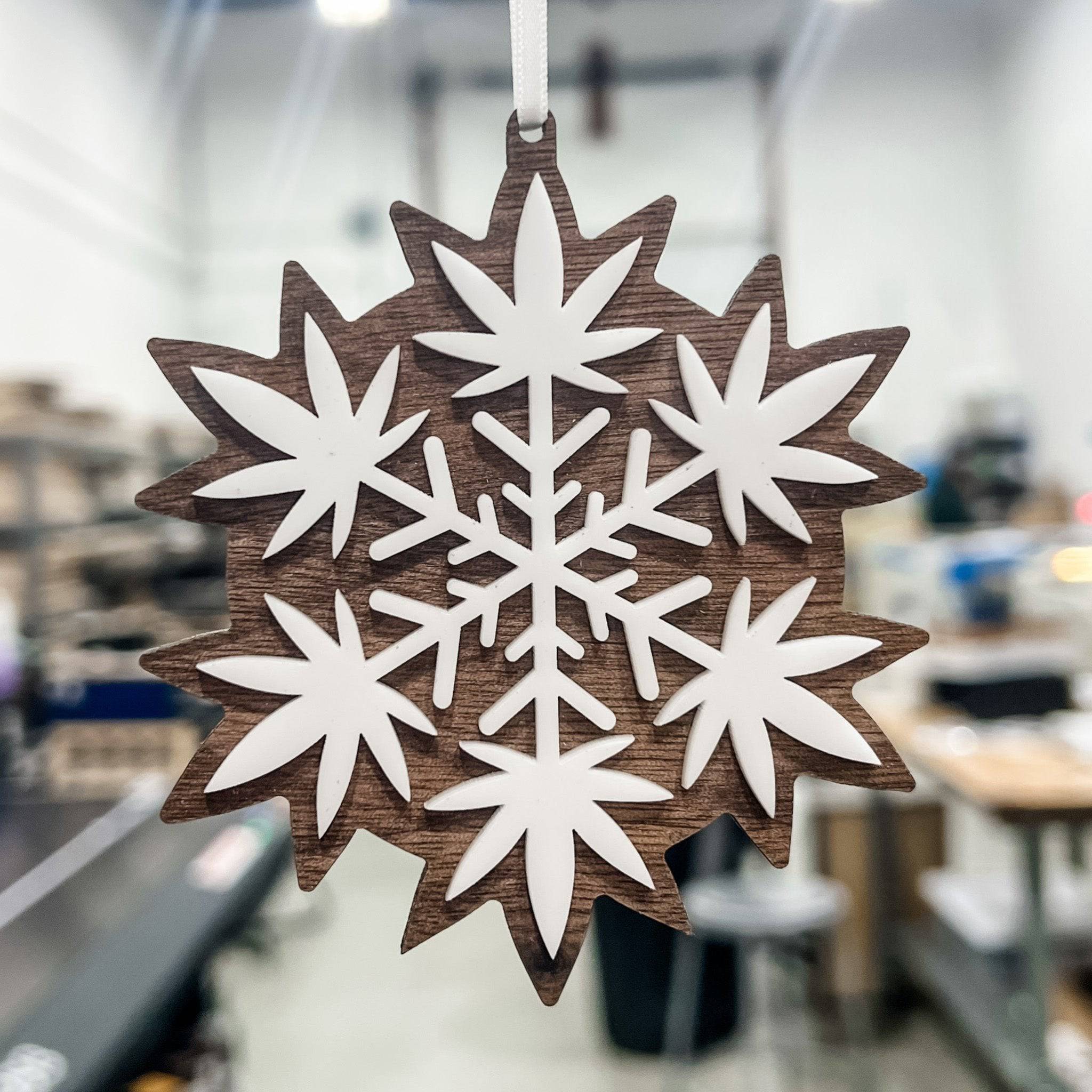 Marijuana Snowflake 3D Wood & Acrylic Ornament - Sticks & Doodles