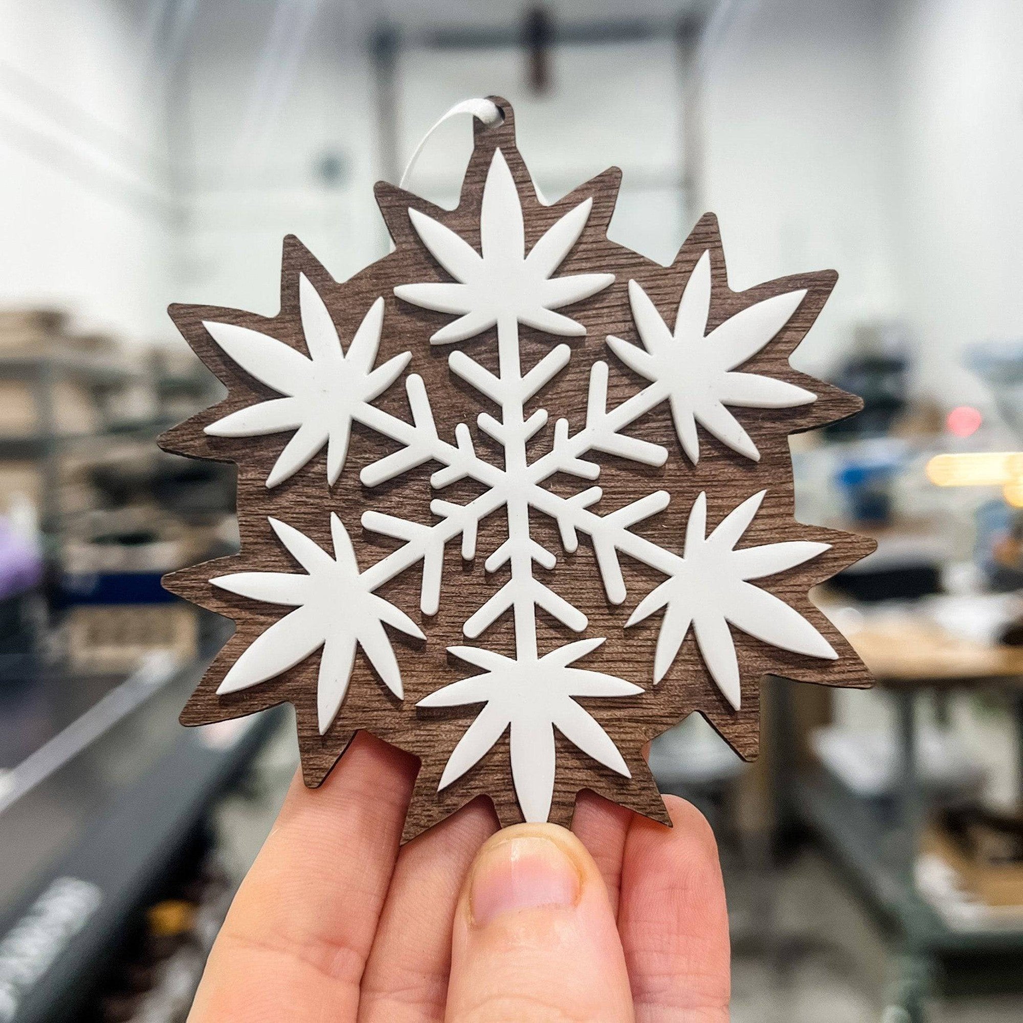 Marijuana Snowflake 3D Wood & Acrylic Ornament - Sticks & Doodles