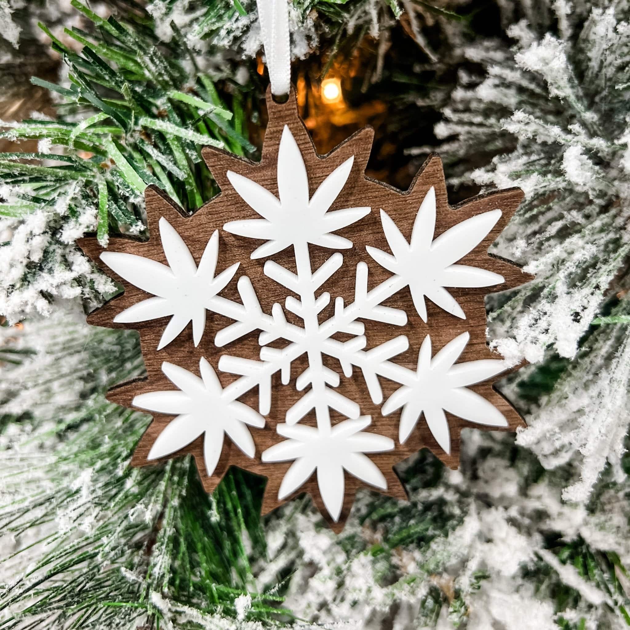 Marijuana Snowflake 3D Wood & Acrylic Ornament - Sticks & Doodles