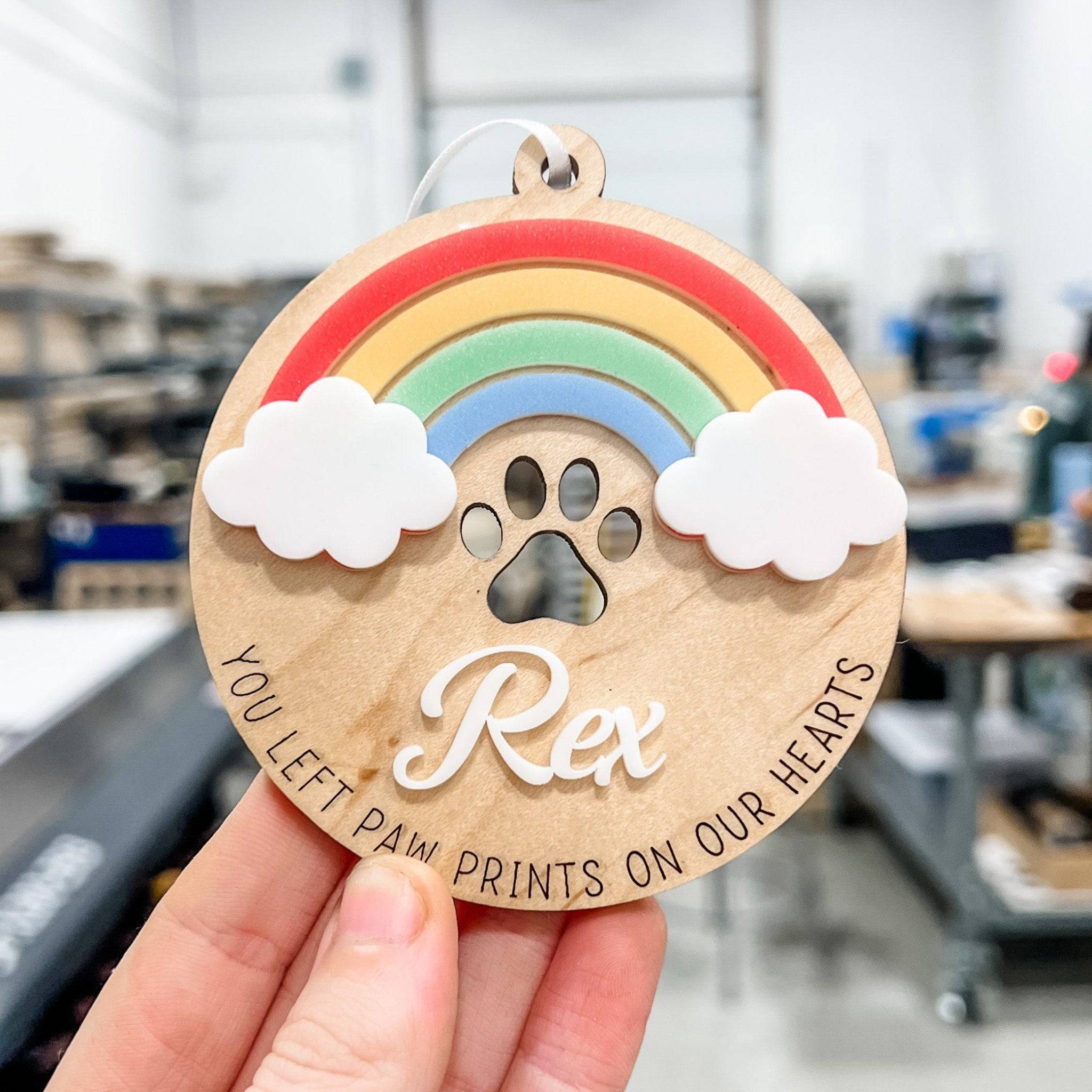 Rainbow Paw Prints Memorial 3D Wood & Acrylic Ornament - Sticks