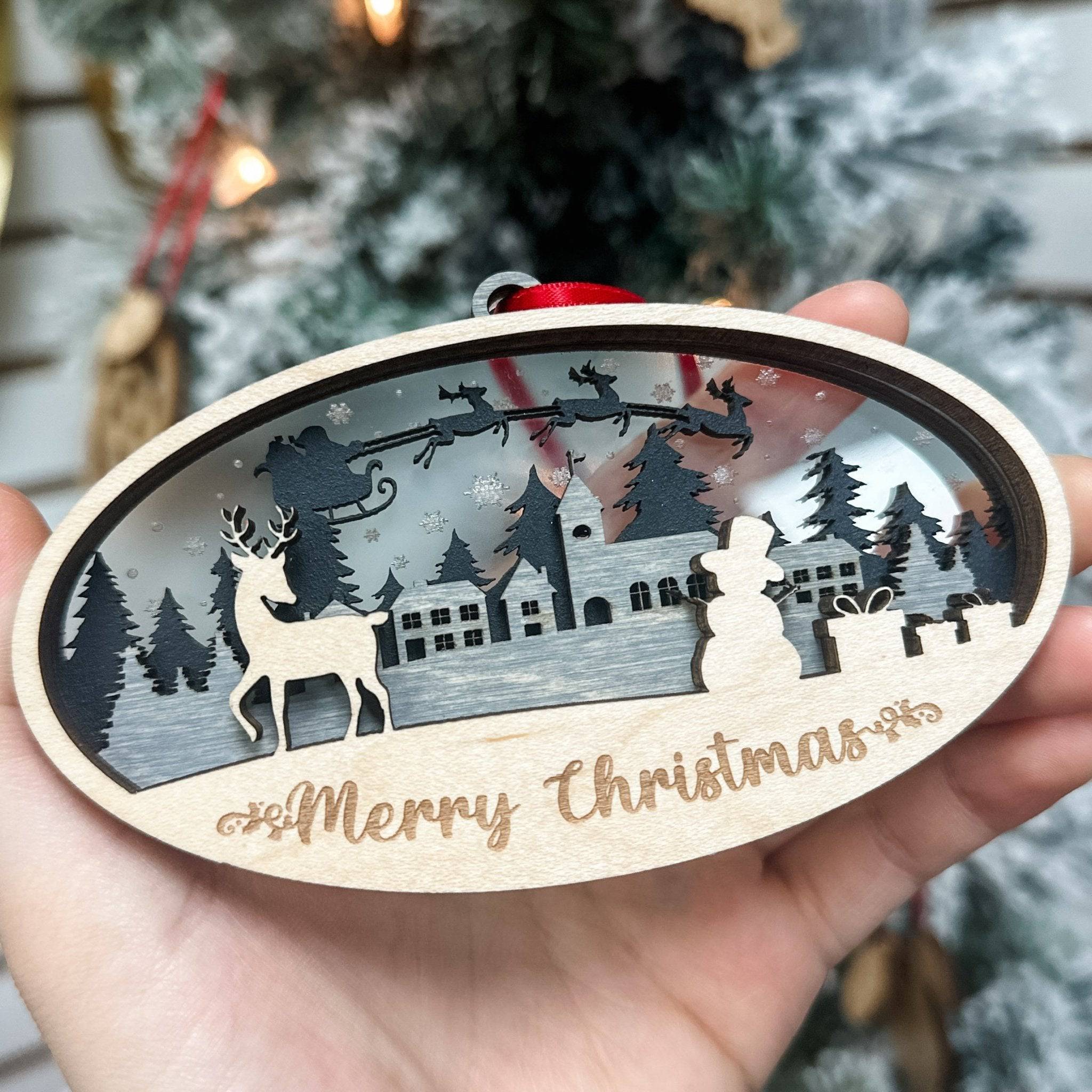 Reindeer & Snowman Town Multilayer Wood Ornament - Sticks & Doodles