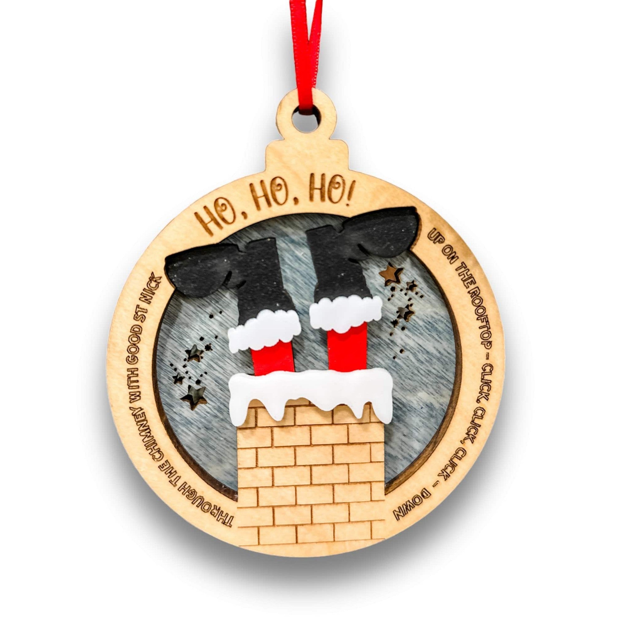 Santa in the Chimney 3D Wood Ornament - Sticks & Doodles