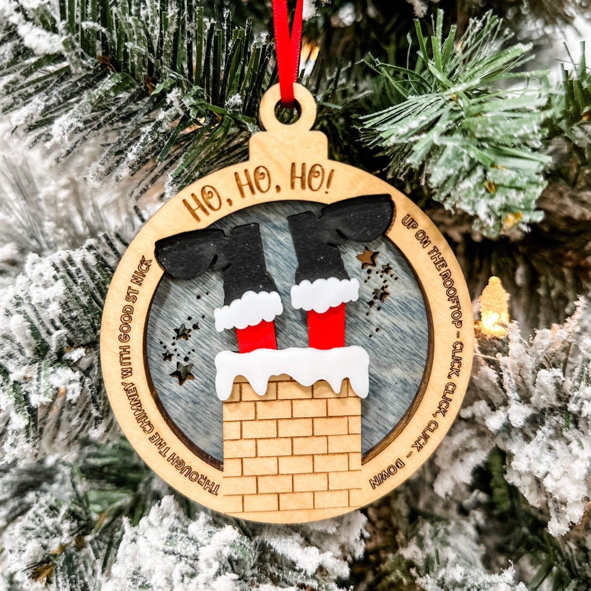 Santa in the Chimney 3D Wood Ornament - Sticks & Doodles