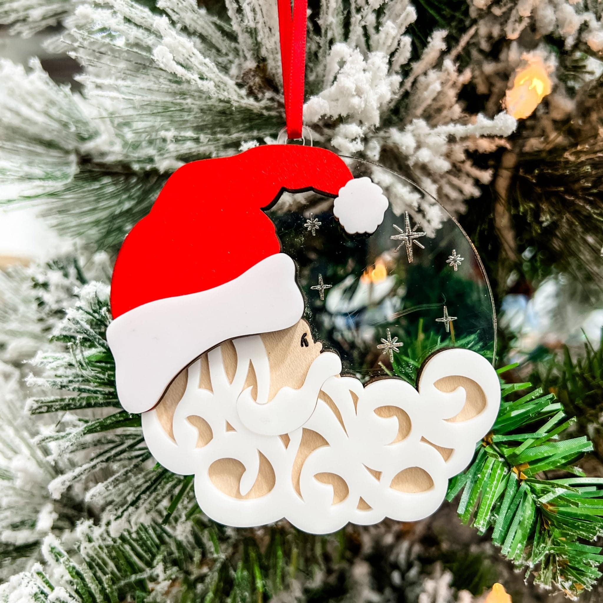 Santa Shaped Moon Wood & Acrylic Ornament - Sticks & Doodles