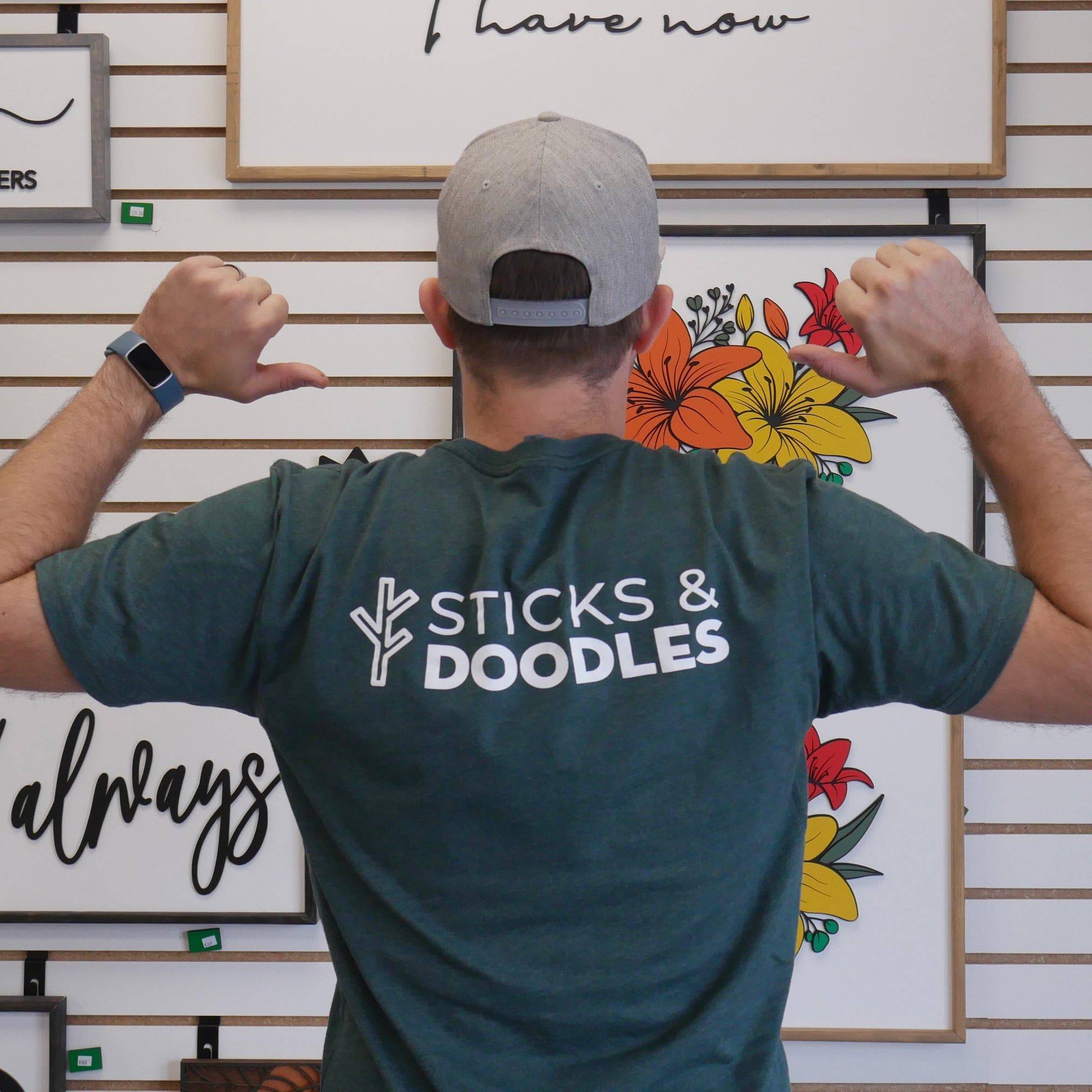 Sticks & Doodles Green T-Shirt - Double Sided Logo - Sticks & Doodles